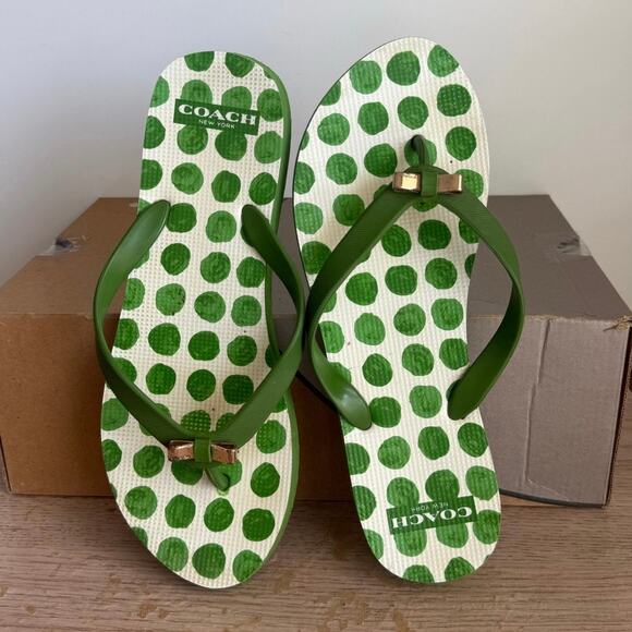Coach Green/White Polka Dot Women Flip Flops Slides- SZ 7/8 - Picture 3 of 10
